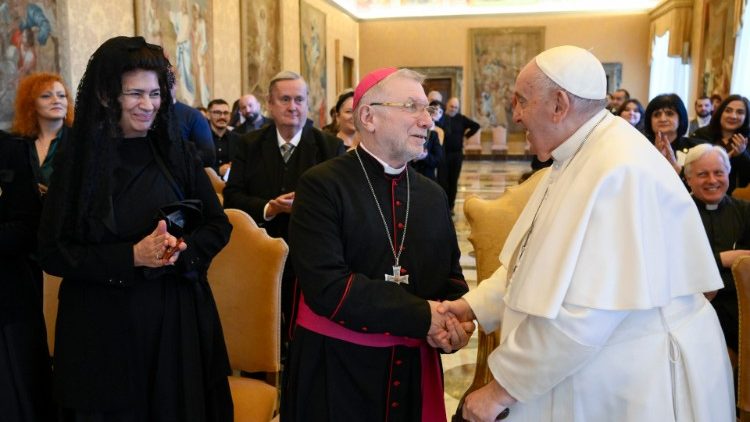 Pope Francis greets of a delegation from the University "Sulkhan-Saba Orbeliani," in Tbilisi, Georgia