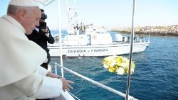 File photo of Pope Francis during his 2013 visit to Lampedusa to show solidarity to migrants and refugees and appeal for action 