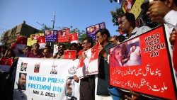 Journalists march during World Press Freedom Day in Pakistan
