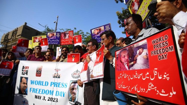 Journalists march during World Press Freedom Day in Pakistan