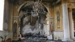 Dégâts causés par les tirs de missiles sur la cathédrale de la Transfiguration, le 23 juillet 2023, à Odessa en Ukraine. 