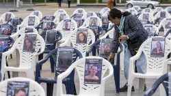 Chairs with portraits of hostages kidnapped by Hamas displayed at United Nations in Geneva