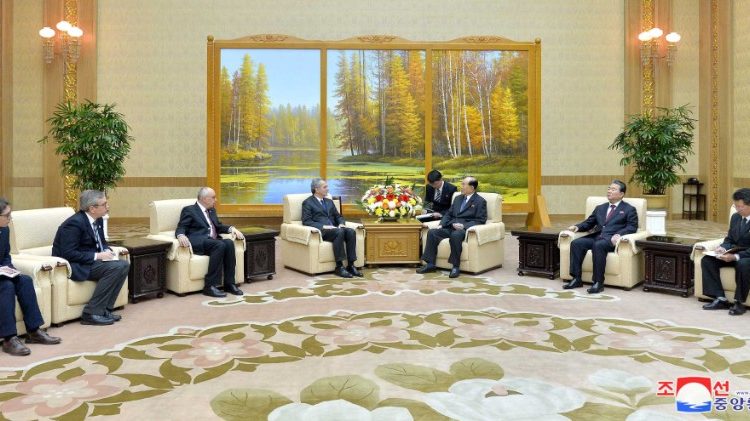 Kim Yong Nam, North Korea's president of the presidium of the Supreme People's Assembly, meets with Marco Impagliazzo, president of the Community of Sant'Egidio, at the Mansudae Assembly Hall in Pyongyang