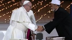 Pope Francis shakes hands with Grand Imam of al-Azhar Sheikh Ahmed al-Tayeb during an inter-religious meeting at the Founder's Memorial in Abu Dhabi