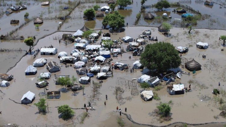 An aerial view of a flooded community in the Greater Upper Nile region of South Sudan
