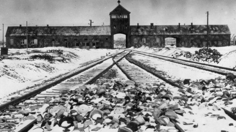 Archive photo showing Auschwitz- Birkenau's main guard house known as 'the gate of death'