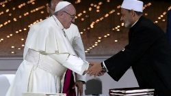 File photo of Pope Francis and Grand Imam of al-Azhar signing a document on Human Fraternity