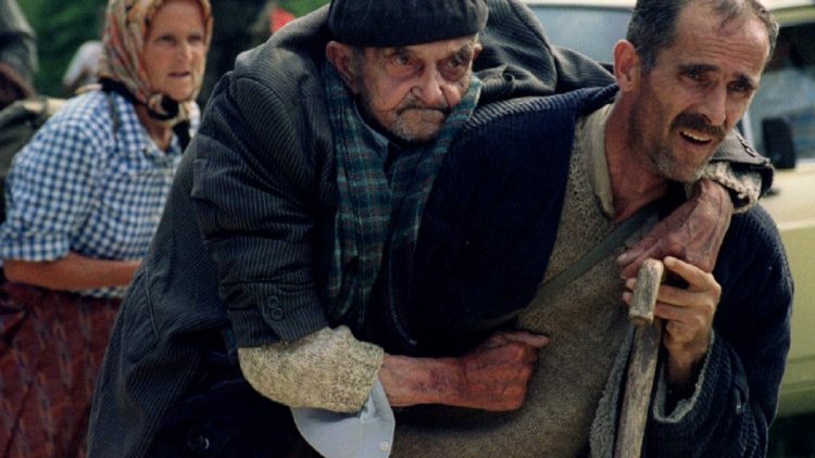 The desperate escape of old people and women from the fury of the Bosnian Serb troops occupying Srebrenica on 11 July 1995