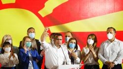 Former PM  and leader of North Macedonia's ruling SDSM Party, Zoran Zaev, celebrates his election victory