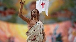 Imagem de Jesus com manchas de sangue das vítimas do atentado de Páscoa na Igreja de São Sebastião em Katuwapitiya, Sri Lanka