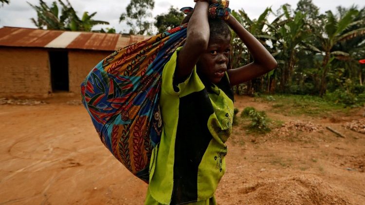 Ein Kind trägt Ernteerträge von einem Feld in Beni in der Demokratischen Republik Kongo