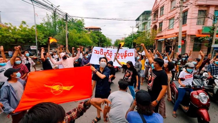 People protest in Mandalay, Myanmar.