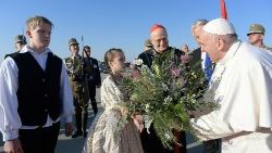 File photo of Pope Francis' arrival to Hungary in 2021 to celebrate Mass at the closure of the 52nd International Eucharist Congress