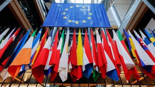 View of different flags of European Union Member States, at the European Parliament in Strasbourg, France