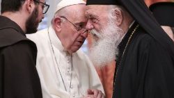 Pope Francis speaks with Greek Orthodox Archbishop Ieronymos II of Athens