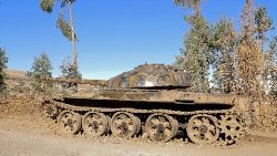 A destroyed tank on the roadside amid the fighting between Ethiopian forces and the TPLF 