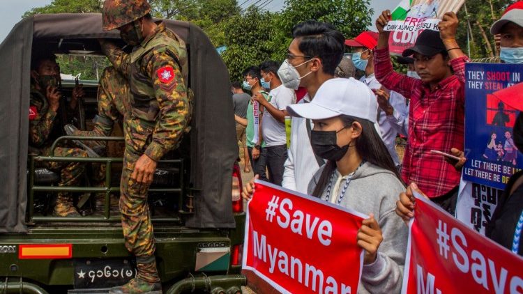 A protest against the military coup, in Yangon, Myanmar, in February 2021.