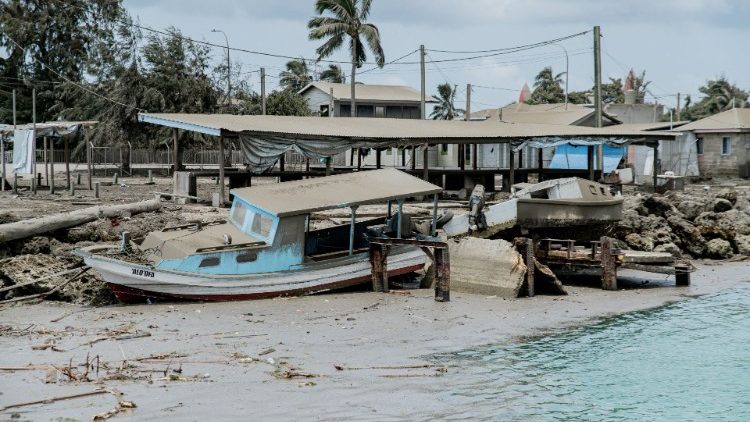 Zone sinistrée sur les îles Tonga, le 16 janvier 2022