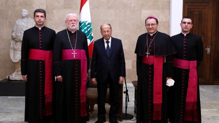 Archbishop Gallagher (center left) with Lebanese President Michel Aoun