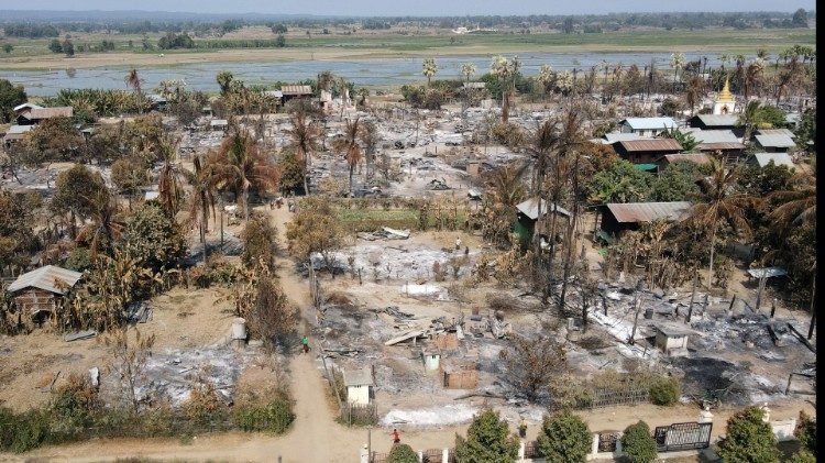 File photo of Bin village in Sagaing region after villagers say it was set ablaze by Myanmar miiitary