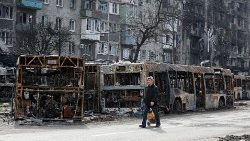 A street in the southern Ukrainian city Mariupol. besieged by Russian forces