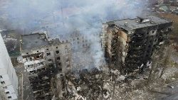 A residential building destroyed by shelling in Borodyanka, Ukraine