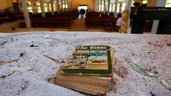 A bible is seen on a pulpit in St. Francis Catholic Church where worshippers were attacked by gunmen during Sunday mass service, is pictured in Owo