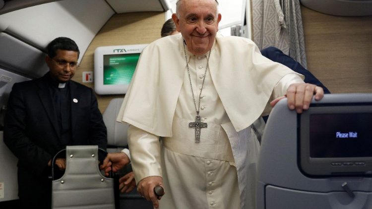Pope Francis on return flight from Canada to Rome