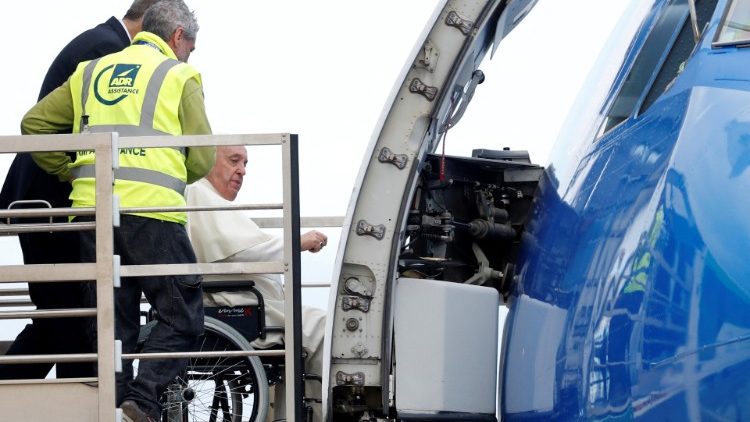 Pope Francis boards the papal plane to travel to Bahrain, at Fiumicino International Airport