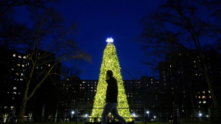 A person walks by a Christmas tree set up in New York City (Reuters)