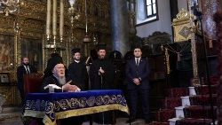 Le patriarche œcuménique de Constantinople Bartholomée en la cathédrale patriarcale Saint-Georges d'Istanbul, le 12 février 2023. 