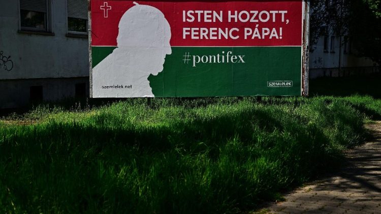 A billboard welcomes Pope Francis ahead of his visit to Budapest
