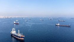 Des navires parties prenantes de l'accord sur les céréales de la mer Noire attendent de passer le détroit du Bosphore au large des côtes de Yenikapi à Istanbul, en Turquie, le 31 octobre 2022. 