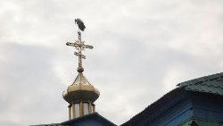 Ein Storch auf dem Kreuz einer Kirche im Dorf Hrabivtsi, die von der Ukrainischen Orthodoxen Kirche des Moskauer Patriarchats (UOK) zur Orthodxen Kirche der Ukraine gewechselt ist.