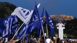 Meeting de Nouvelle-Démocratie, le parti du Premier ministre grec Kyriakos Mitsotakis, à Athènes, le 19 mai 2023. 