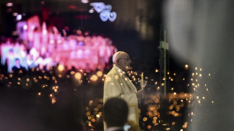 File photo of Pope Francis praying at Fatima Shrine