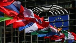 Флагі краін ЕС на фоне Еўрапейскага парламента ў Брусэлі