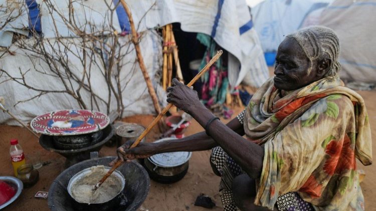 Fatna, uma sudanesa que fugiu do conflito em Geneina, na região sudanesa de Darfur, prepara seu jantar ao lado de seu abrigo improvisado em Adre, Chade, 5 de agosto de 2023. REUTERS/Zohra Bensemra