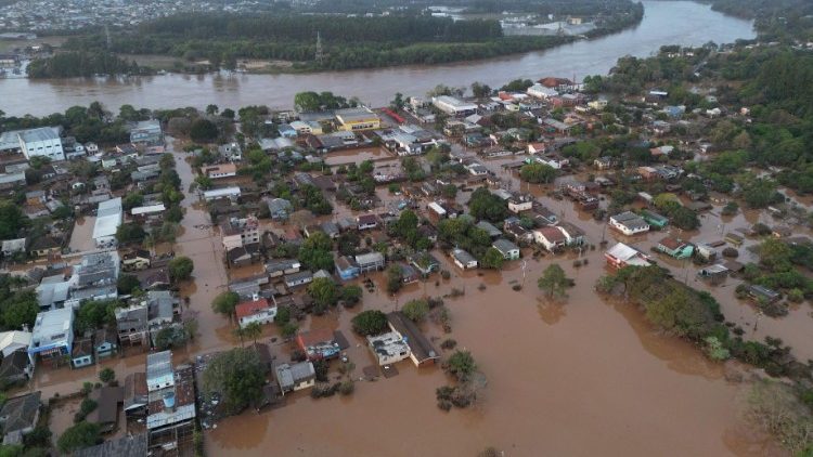 Houses are seen in a flooded area after an extratropical cyclone hit southern cities, in Lajeado