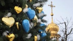 A view shows a Christmas tree in front of the Saint Sophia Cathedral in Kyiv