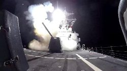 FILE PHOTO: A missile is launched from a U.S. Navy warship against what they describe as Houthi military targets in Yemen