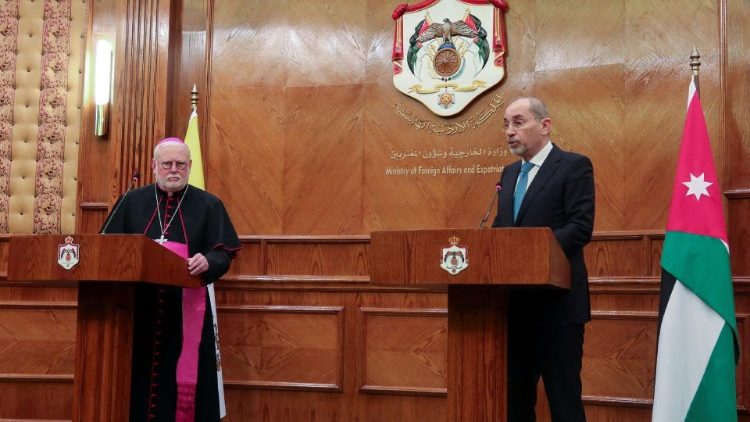 Jordan's Foreign Minister Ayman Safadi speaks during a joint press conference with Archbishop Paul Richard Gallagher, in Amman