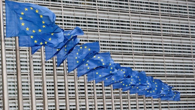  Flags flutter outside EU Commission in Brussels