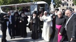 Le Pape François à Bari le 7 juillet 2018, pour la rencontre avec les patriarches orientaux autour du thème «Que la paix soit sur toi. Les chrétiens ensemble pour le Moyen-Orient». 