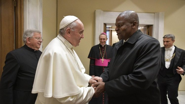 Pope Francis meets President Faustin Touadéra of the Central African Republic