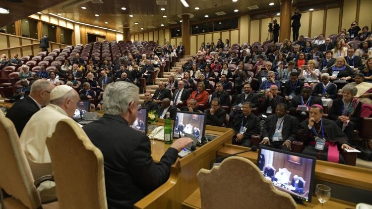 Pope addressing participants in the conference on human trafficking in the Vatican,  April 11, 2019. 