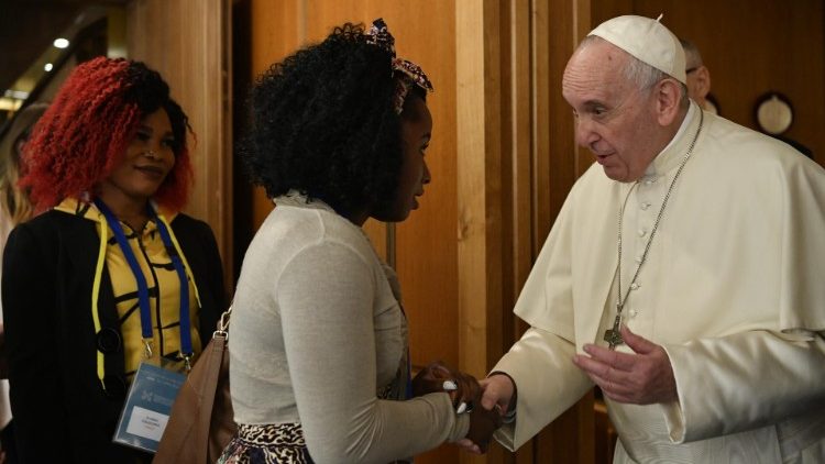 Pope Francis meets participants in an international conference on human trafficking in 2019. 