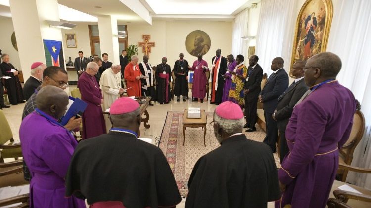 教皇フランシスコと南スーダンの指導者ら　2019年4月11日