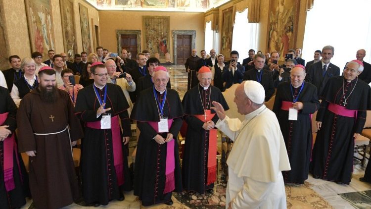 Pope Francis greets participants at a Congress for the Pastoral Care of Vocations in Europe
