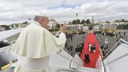 Pope Francis waves farewell to onlookers in Madagascar